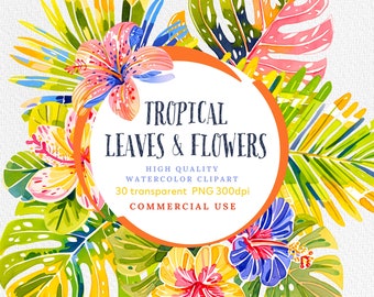 Watercolor Tropical Clipart: Leaves & Flowers PNG (Commercial Use)