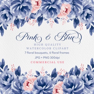 Dusty Blue and Pink Peonies Flowers PNG, Watercolor Floral Clipart Bouquets, Elements, Commercial Use, Digital clipart PNG, Floral Clipart.