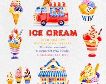 Watercolor Ice Cream Clipart Collection, Instant Download Sweet Treat Graphics, Cone & Sundae Clip Art, Commercial Use, Ice Cream Clipart.