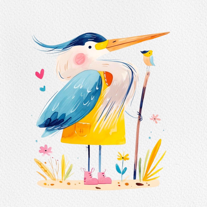 May include: A blue and yellow cartoon heron with a long beak and pink cheeks is holding a stick. The heron is wearing a yellow vest and pink boots. The heron is standing on a green and brown background with flowers.
