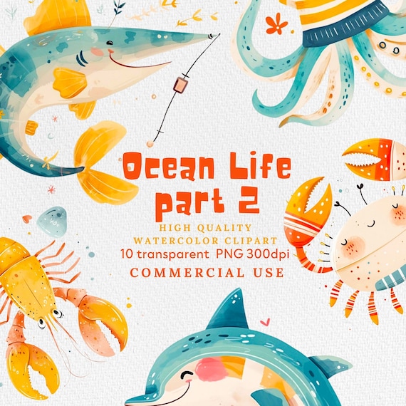 Watercolor Sea Animals Clipart: Ocean Life PNG (Digital Download)