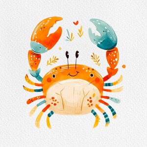 Peut inclure: Illustration &agrave; l'aquarelle d'un crabe de dessin anim&eacute;. Le crabe est principalement orange avec des accents bleus et rouges. Il a de grandes pinces, un visage souriant et de petites antennes. Le fond est blanc avec de petits &eacute;l&eacute;ments d&eacute;coratifs.