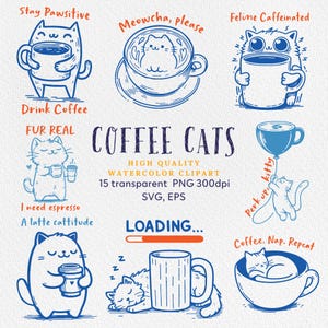 Funny Coffee Cats PNG & SVG Bundle | 15 Clipart Images to Design Funny T-Shirts, Mugs, Merch, Decor | Commercial Use | Instant Download
