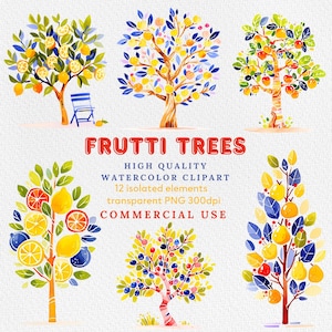 Imágenes prediseñadas de árbol frutal de acuarela, limonero, naranjo PNG, manzano, cerezo, árbol clip art, vegetación PNG, melocotonero, peral PNG.
