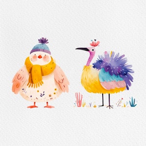 May include: A watercolor illustration of a pink and yellow bird with a purple and blue feathered head and a yellow bird wearing a blue hat and a yellow scarf.