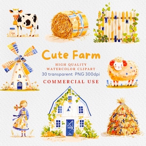 Cute Farm Clipart, Farm Animals Watercolor Digital Clipart, Farm Animals PNG, Barn clipart, tree, cow, sheep, flowers, nursery clipart png.