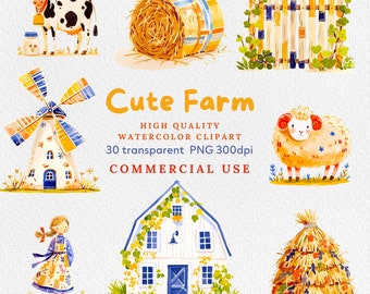 Cute Farm Clipart, Farm Animals Watercolor Digital Clipart, Farm Animals PNG, Barn clipart, tree, cow, sheep, flowers, nursery clipart png.