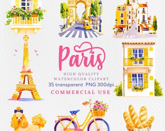 Watercolor Paris Clipart: Eiffel Tower, Landmarks (PNG)