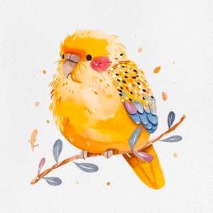 May include: A watercolor painting of a yellow and orange bird with blue and purple accents perched on a branch with green leaves.