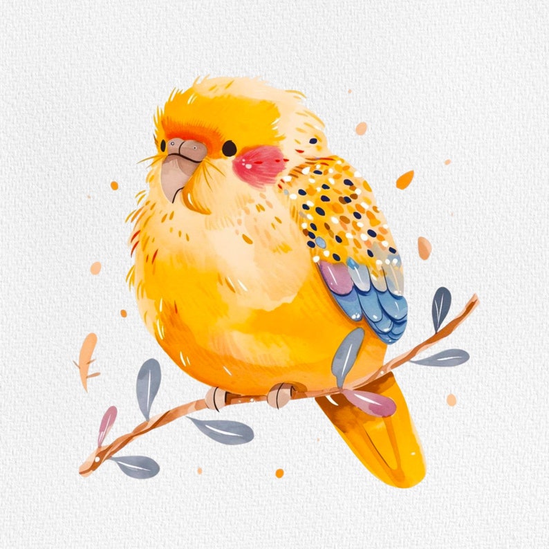 May include: A watercolor painting of a yellow and orange bird with blue and purple accents perched on a branch with green leaves.