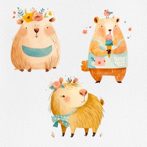 May include: Three cartoon animals with floral accents. A brown bear wearing a blue and white apron holds an ice cream cone. A brown bear with a floral crown and a blue and white scarf. A yellow and brown capybara with a floral crown and a blue and white scarf.