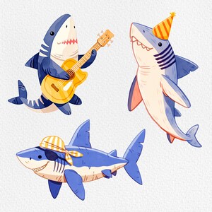 Puede incluir: Tres tiburones de dibujos animados, uno tocando una guitarra, otro con un gorro de fiesta y otro con un parche en el ojo. Los tiburones son azules y blancos con rayas negras.