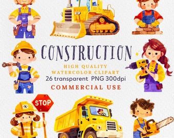 Watercolor Construction Truck Clipart: PNG Files for Party Decor