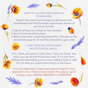 Pu&ograve; includere: Una grafica con uno sfondo floreale e testo che spiega come accedere agli acquisti digitali su Etsy. Il testo include istruzioni su come trovare i file di download e come localizzare le email di notifica di download. Il testo afferma anche che gli acquisti digitali non possono essere scaricati tramite l'app Etsy.