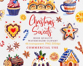 Watercolor Christmas Sweets Clipart Bundle: Candy, Cookies (PNG Transparent Background)