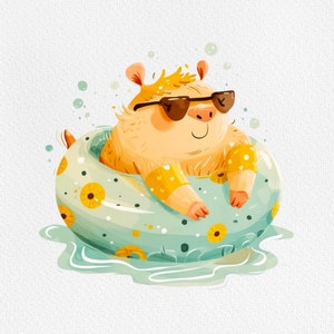 May include: A cartoon hamster wearing sunglasses floats in a blue and yellow inflatable ring with a floral pattern. The hamster is smiling and has light brown fur.