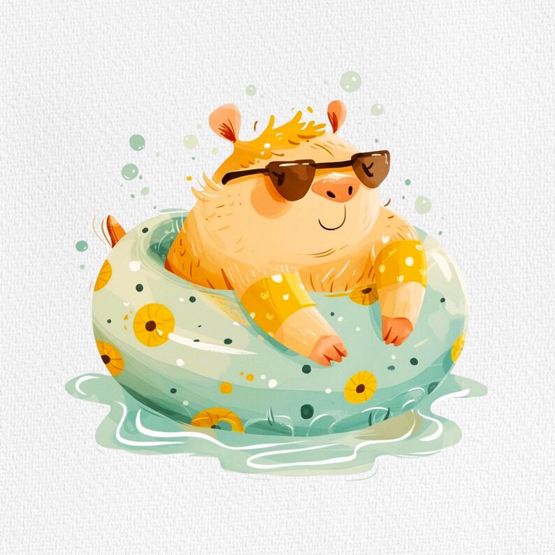 May include: A cartoon hamster wearing sunglasses floats in a blue and yellow inflatable ring with a floral pattern. The hamster is smiling and has light brown fur.