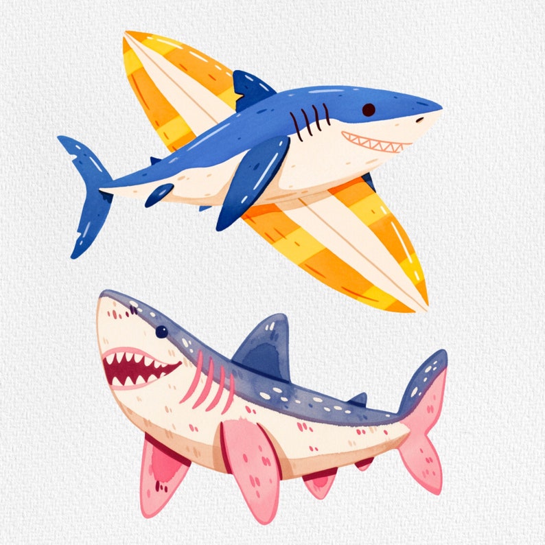 Puede incluir: Dos tiburones de dibujos animados, uno azul y otro blanco con detalles rosas, se muestran sobre un fondo blanco. El tibur&oacute;n azul est&aacute; montando una tabla de surf con rayas amarillas y naranjas.