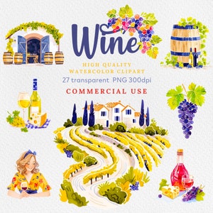 Watercolor Wine Clipart, Watercolor Grapes Clipart, Wine Clipart, Wedding Clipart, Premade Clipart, Scrapbooking Clipart, Wine PNG.