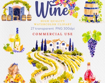 Watercolor Wine Clipart: Grapes, Wedding Design (PNG)