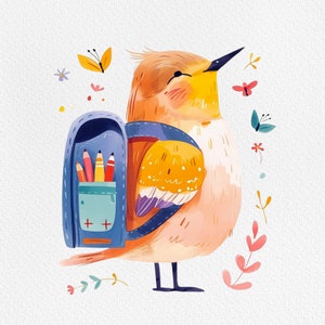 May include: A watercolor illustration of a bird wearing a blue backpack with pencils inside. The bird is yellow, orange, and pink with a long beak. The background is white with small flowers and butterflies.