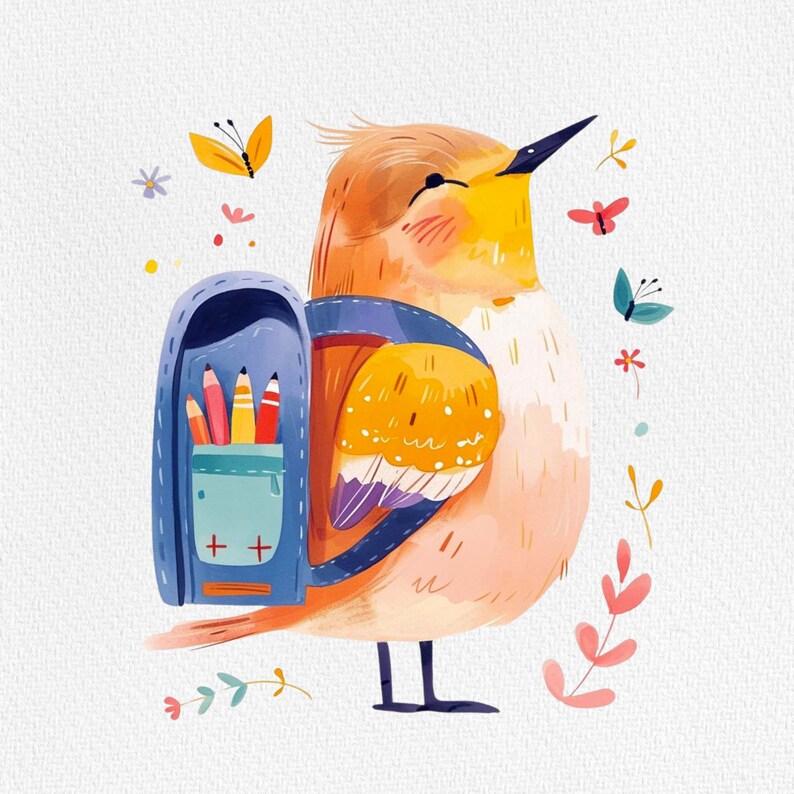 May include: A watercolor illustration of a bird wearing a blue backpack with pencils inside. The bird is yellow, orange, and pink with a long beak. The background is white with small flowers and butterflies.