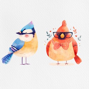 May include: A blue jay with a yellow belly and a red cardinal wearing glasses and a bow tie. Both birds are illustrated in a watercolor style.