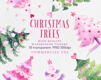 Watercolor Christmas Trees Clipart: PNG Graphics (Commercial Use)