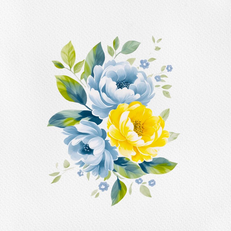 May include: A watercolor painting of a bouquet of blue and yellow flowers with green leaves. The flowers are arranged in a loose, natural style.