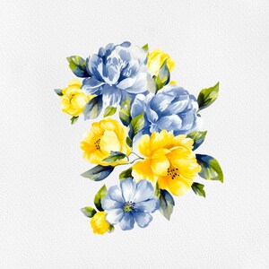 May include: A watercolor painting of a bouquet of blue and yellow flowers. The flowers are arranged in a loose, natural style, and the colors are soft and delicate.