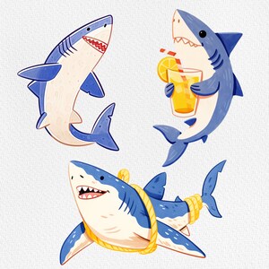 Puede incluir: Tres tiburones de dibujos animados, uno azul con un vaso de limonada, uno azul con una cuerda amarilla y uno azul claro con la barriga blanca.