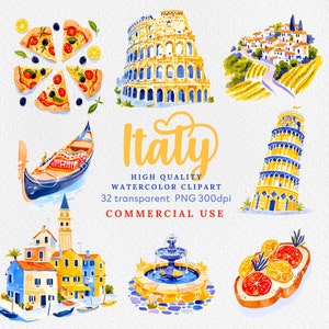 ITALY clipart, Rome clipart, travel clipart, Italian clipart, Welcome to Italy, Pisa tower, Colosseum, Venice PNG, Watercolor Italy Clipart.