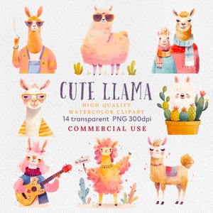 Llama Clipart, Llama Clipart Bundle, Cute Alpaca Clipart, Llama Birthday Clipart, Fiesta, Colorful, Decorated Llama, Boho Llama, Llama PNG.