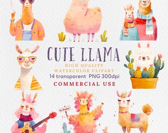 Lama Clipart, Lama Clipart Bundle, süßes Alpaka Clipart, Lama Geburtstag Clipart, Fiesta, bunt, dekoriertes Lama, Boho Lama, Lama PNG.
