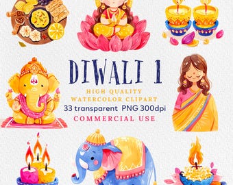 May include: Watercolor clipart set for Diwali, the Hindu festival of lights. The set includes images of a woman in a sari, a deity with an elephant head, a blue elephant, and diyas (oil lamps). The text "Diwali 1" is also included in the image.