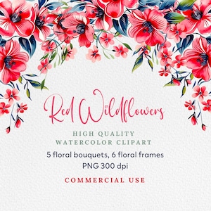 Flor vermelha PNG, pacote de clipart floral vermelho em aquarela, buquê de casamento, sublimação de flores, download digital, uso comercial.