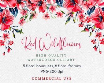 Clipart de acuarela floral roja: ramo y corona de flores (descarga digital)