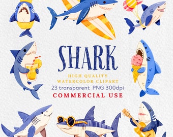 Watercolor Sharks Clipart, Cute Shark Clipart, Watercolor Shark, Shark Species Download, Instant Download, Commercial Use.