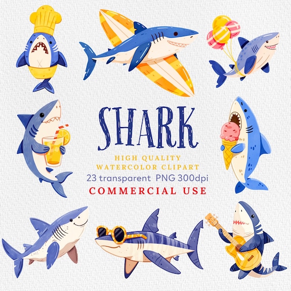 Watercolor Sharks Clipart, Cute Shark Clipart, Watercolor Shark, Shark Species Download, Instant Download, Commercial Use.