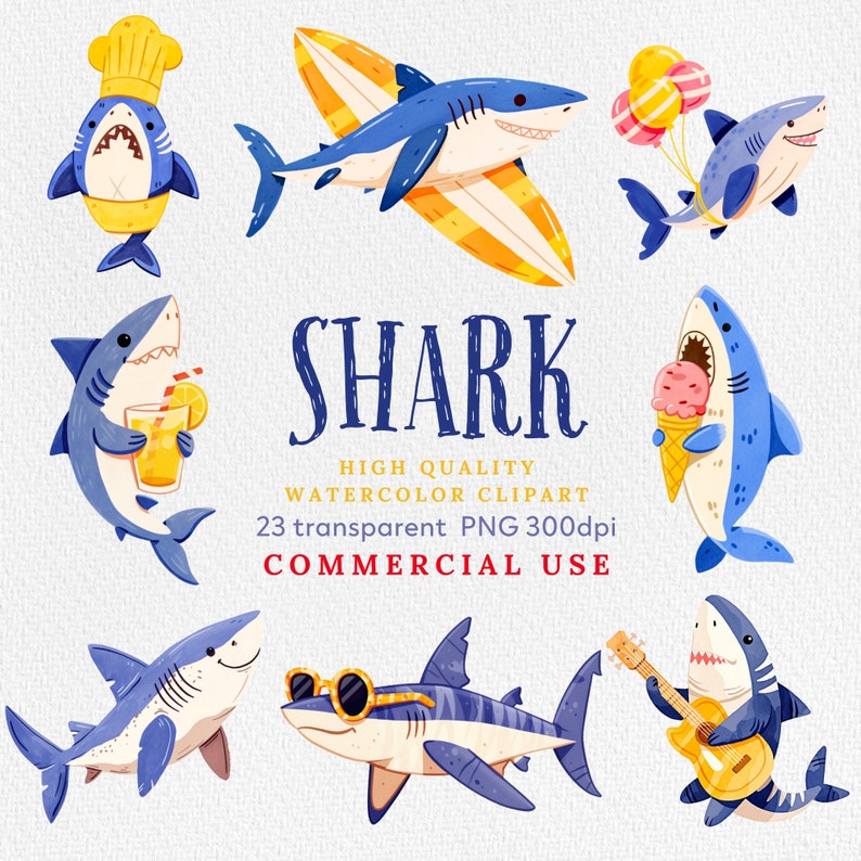 Puede incluir: Un conjunto de 23 ilustraciones de acuarela de tiburones en varias poses. Los tiburones son azules y grises con detalles blancos. Algunos tiburones llevan sombreros, sostienen conos de helado o tocan una guitarra. El texto "SHARK" est&aacute; escrito en letras azules y blancas. El texto "HIGH QUALITY WATERCOLOR CLIPART" est&aacute; escrito en letras negras. El texto "23 transparent PNG 300dpi COMMERCIAL USE" est&aacute; escrito en letras negras.