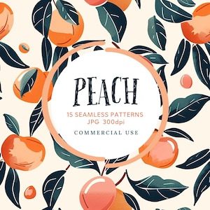 May include: A seamless pattern design featuring peach fruit and leaves. The design is in a peach, green, and white color scheme. The text "PEACH 15 SEAMLESS PATTERNS JPG 300dpi COMMERCIAL USE" is in a white circle.