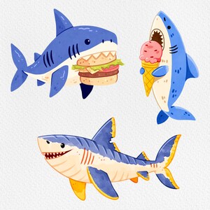 Puede incluir: Tres tiburones de dibujos animados con diferentes expresiones. Un tibur&oacute;n sostiene una hamburguesa, otro sostiene un cono de helado y el tercer tibur&oacute;n est&aacute; nadando.