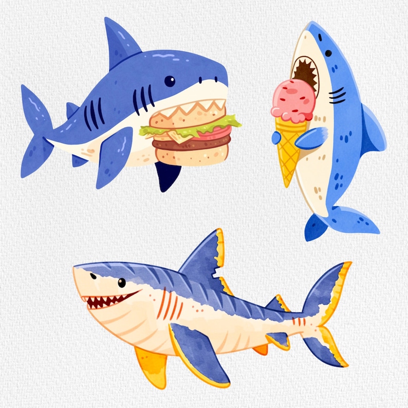 Puede incluir: Tres tiburones de dibujos animados con diferentes expresiones. Un tibur&oacute;n sostiene una hamburguesa, otro sostiene un cono de helado y el tercer tibur&oacute;n est&aacute; nadando.