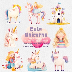 Imágenes prediseñadas de unicornios, imágenes prediseñadas de unicornios de acuarela, descarga instantánea de unicornio arcoíris PNG, imágenes prediseñadas de unicornio de chicas lindas, uso comercial.
