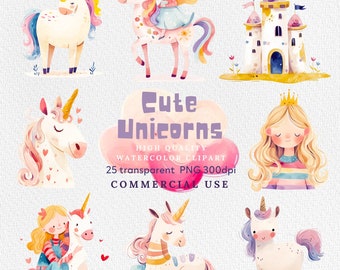 Einhörner Clipart, Aquarell Einhörner Clipart, Regenbogen Einhorn PNG Instant Download, süße Mädchen PNG Clipart, kommerzielle Nutzung.