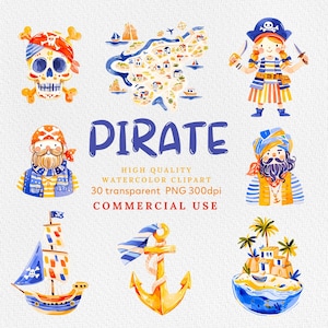 Clipart pirates aquarelle, bateau pirate, coffre au trésor, fête de pirates, PNG, clipart aventure, carte au trésor, décoration d'anniversaire, décoration de chambre d'enfant