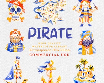 Watercolor Pirate Clipart: Ship, Treasure Chest, Map (PNG)