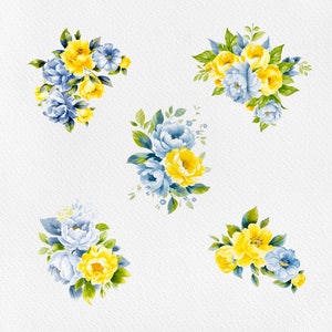 May include: Four bouquets of blue and yellow flowers with green leaves. The flowers are arranged in a symmetrical pattern.