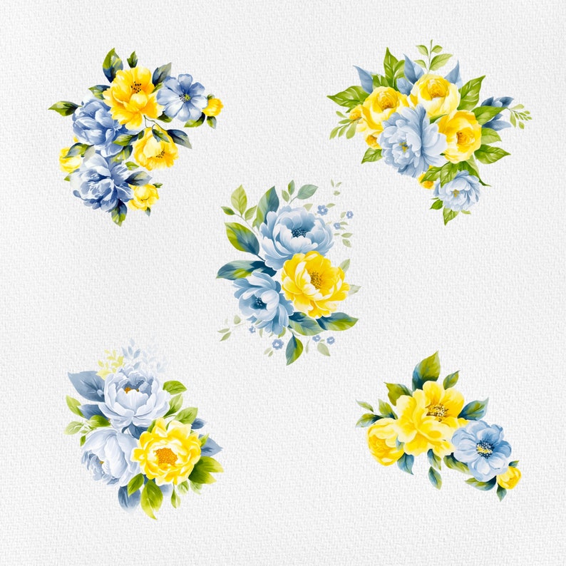 May include: Four bouquets of blue and yellow flowers with green leaves. The flowers are arranged in a symmetrical pattern.