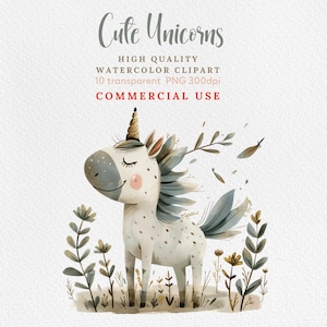 Clipart di unicorno carino, uso commerciale, PNG di unicorno, Clipart di unicorno magico, download immediato, unicorno kawaii, unicorni in stile scandinavo